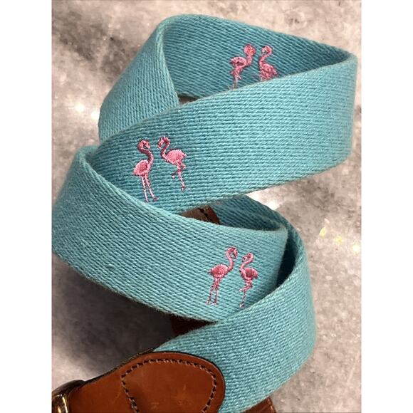 Leather Man Flamingo Embroidered Canvas Leather Belt Mens 32 Blue Pink Handmade - Picture 2 of 9